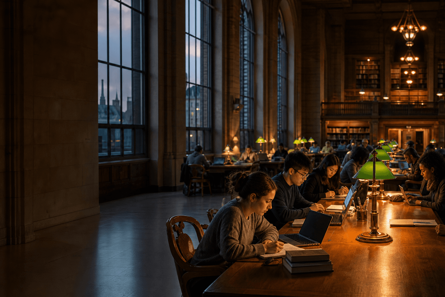 The grand reading room of a historic university library at dusk, diverse adults studying under green lamps by tall arched windows.